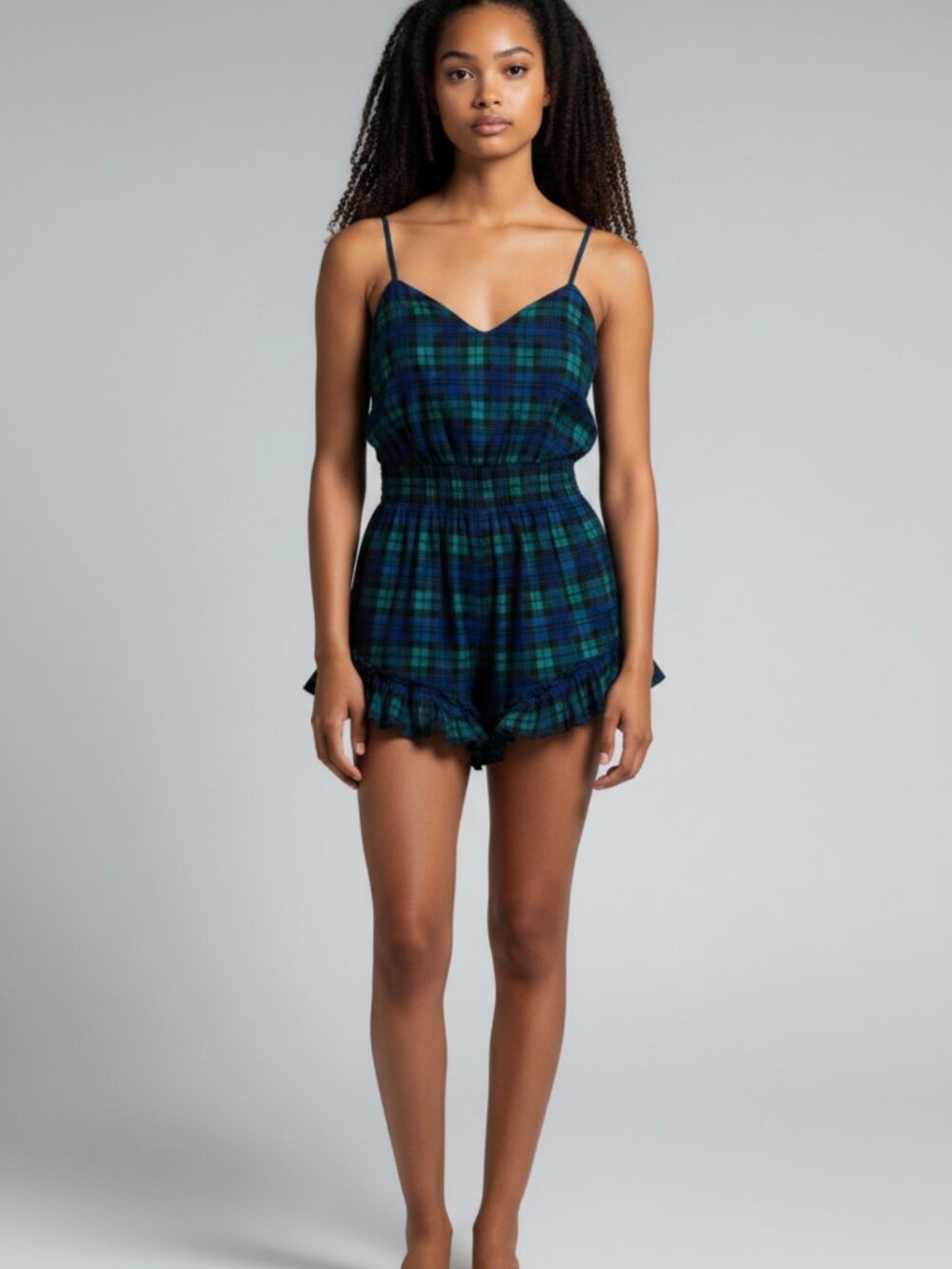 Free People One Blue and Green Plaid Romper with Flaw NEW Size Large